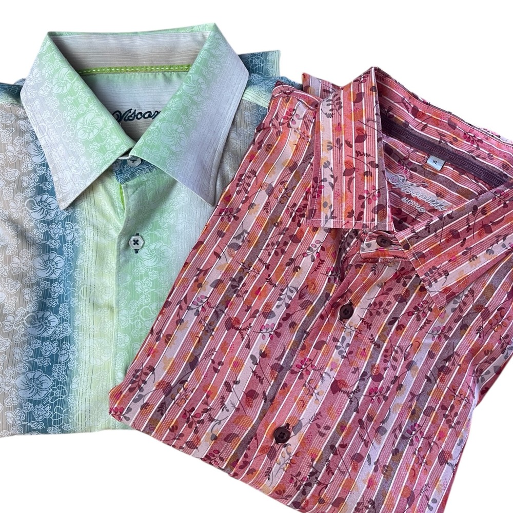 (Lot of 2) Visconti Uomo Mens XL Floral Stripe Button Down Shirt Green Blue Tan